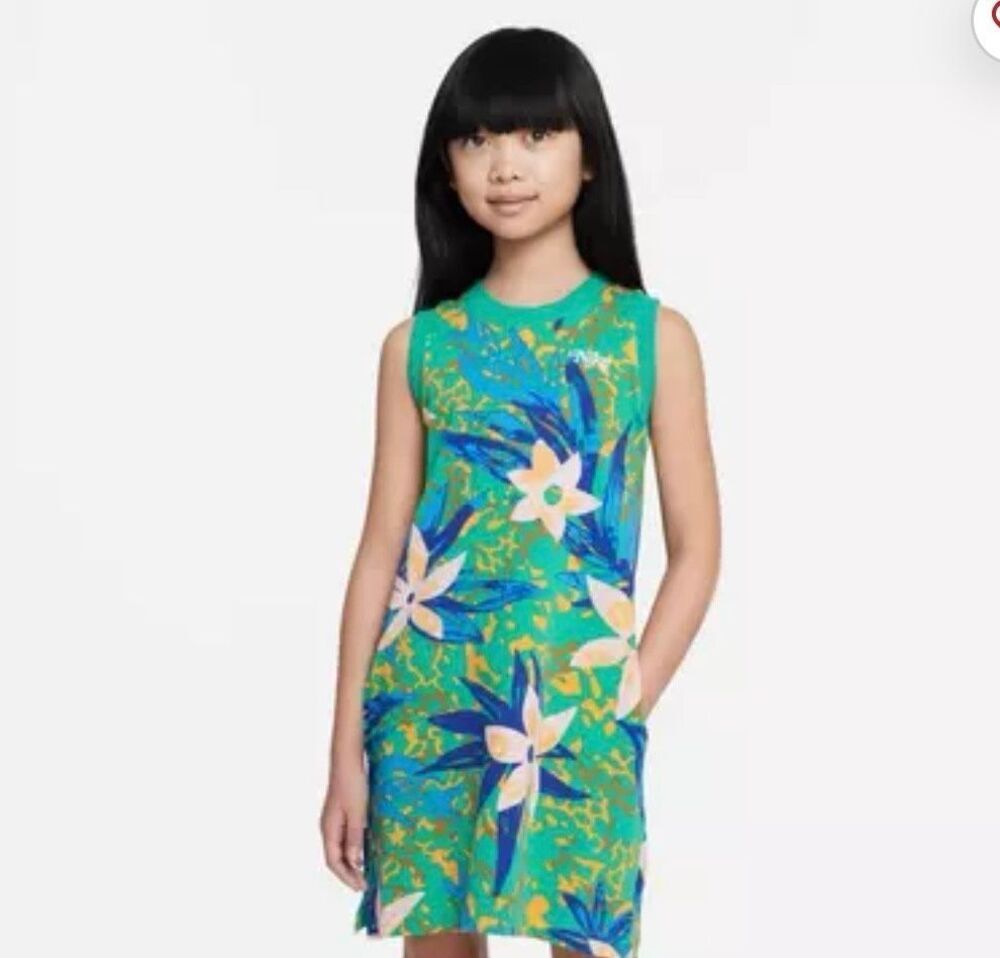 Nike Big Girls Green Tropical Print Sleeveless Dress w/ Pockets Sz M EUC